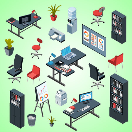 Office furniture isometric icons set with workplace and objects isolated vector illustrationのイラスト素材