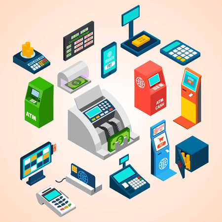 ATM isometric icons set with cash machine credit card terminal isolated vector illustrationのイラスト素材