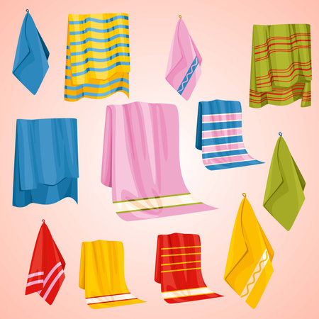 Illustration set of colorful towels isolated on a white background. Vector illustration.のイラスト素材