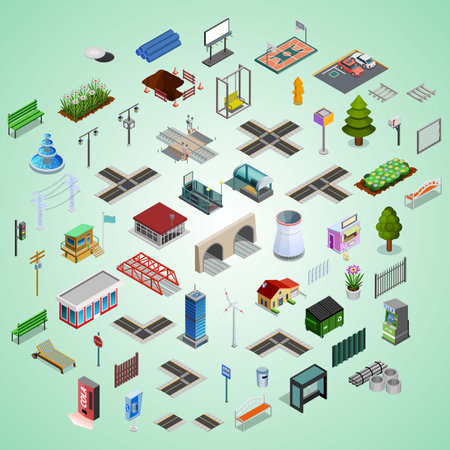 Set of isometric city buildings and infrastructure icons. Vector illustration.のイラスト素材