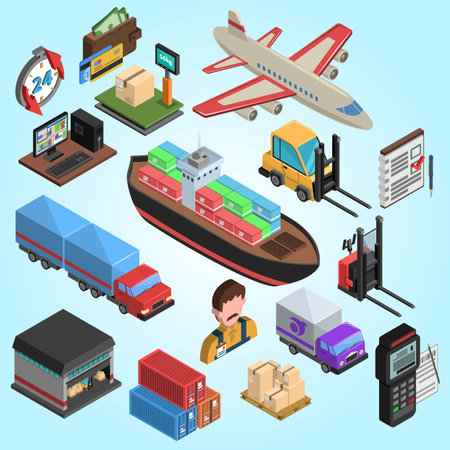 Logistics and transportation isometric icons set with cargo truck and plane isolated vector illustrationのイラスト素材
