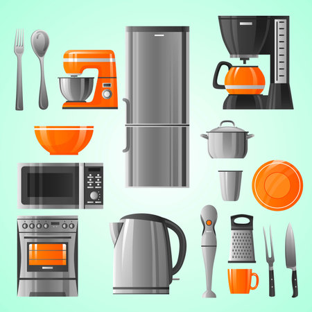 Kitchen utensils and appliances icons set. Vector illustration.のイラスト素材