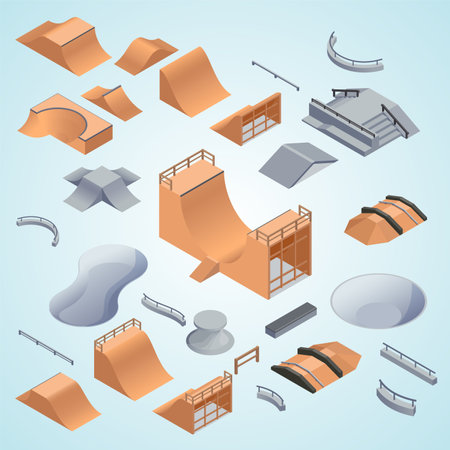 Isometric Skate park set. Skate park elements. Skatepark vector illustrationのイラスト素材