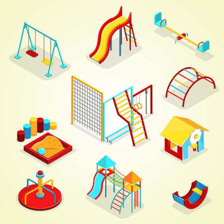 Playground isometric icons set with playground equipment elements isolated vector illustrationのイラスト素材