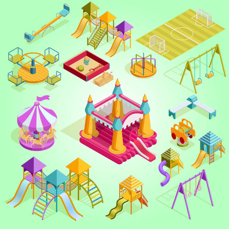 Amusement park isometric icons set with playground equipment isolated vector illustrationのイラスト素材