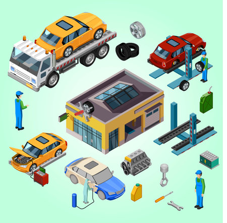 Car service isometric icons set with auto repair equipment isolated vector illustrationのイラスト素材
