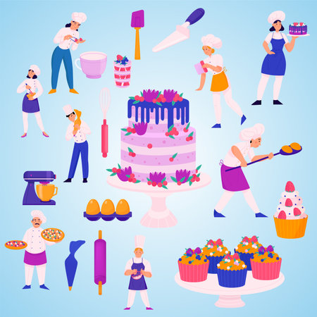 Set of cartoon people cooking cakes. Vector illustration in flat style.のイラスト素材
