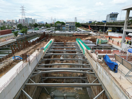 Construction site of new bridge over the Chao Phraya River in Bangkok, Thailandの写真素材