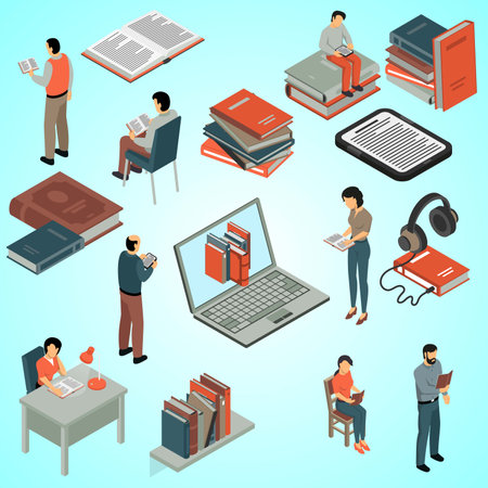 Online library isometric icons set with books and laptop isolated vector illustrationのイラスト素材