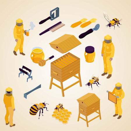 Beekeeping isometric icons set with bees and honeycombs isolated vector illustrationのイラスト素材