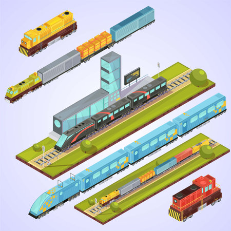 Train isometric composition with different types of trains and cars vector illustrationの写真素材