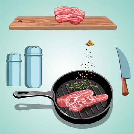 Steak on a frying pan with knife and pepper. Vector illustrationのイラスト素材