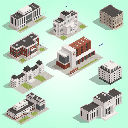 Isometric city buildings set. Vector illustration in flat design style.のイラスト素材
