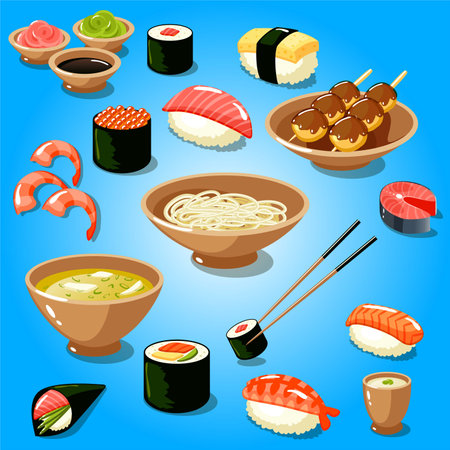 Japanese food set. Sushi, nigiri, eel, caviar, sashimi, maki, nigiri, nigiri. Vector illustrationのイラスト素材