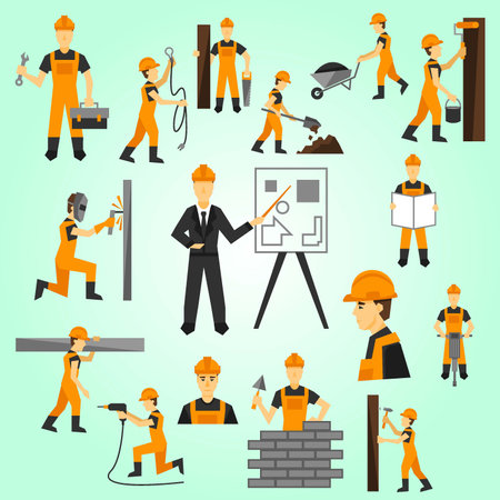 Construction workers set. Construction workers in different poses. Vector illustration.のイラスト素材