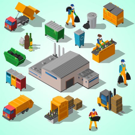 Garbage sorting and recycling isometric icons set with workers and equipment vector illustrationのイラスト素材