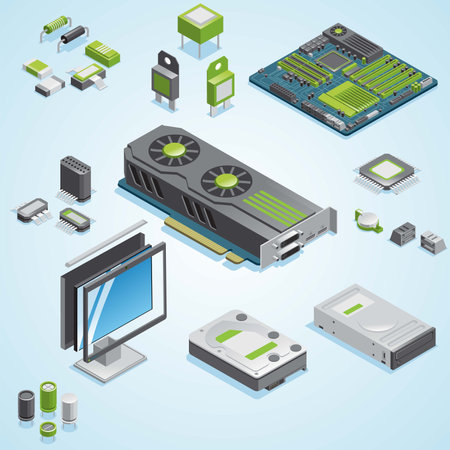 Computer hardware technology isometric icons set with computer processor and microprocessor isolated vector illustrationのイラスト素材