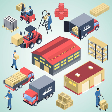 Warehouse isometric icons set with trucks and warehouse workers isolated vector illustrationのイラスト素材