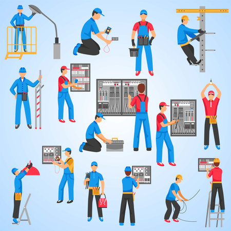 Electrician, electrician and plumber vector icons set. Electrician and plumber in uniform and overalls. Repairman, electrician, electrician and plumber charactersのイラスト素材