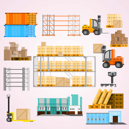 Warehouse, storage, loading and unloading of goods. Vector illustrationのイラスト素材