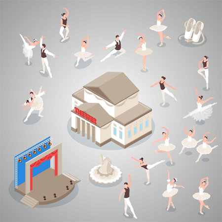 Ballet dancer isometric icons set with ballerinas and theater building isolated vector illustrationのイラスト素材