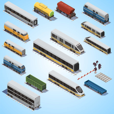 Railway transport isometric icons set with cars and trains isolated vector illustrationのイラスト素材