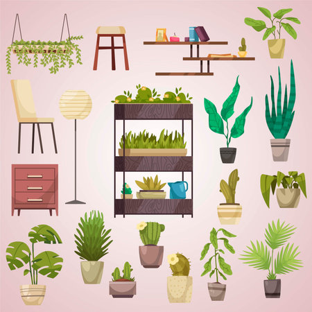 Houseplants and plants in pots vector set. Illustration of houseplants and potted plants.のイラスト素材
