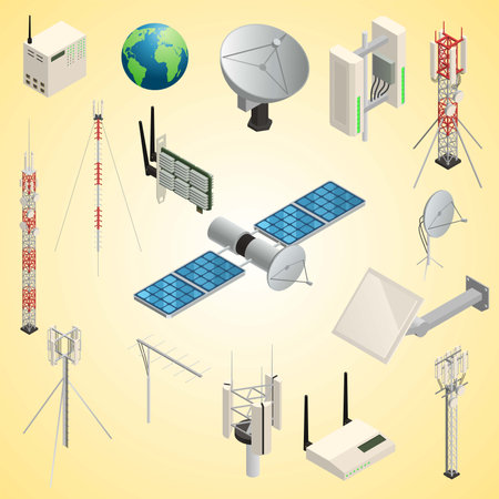 Vector isometric icons of solar panels, windmills and satellite dishesのイラスト素材