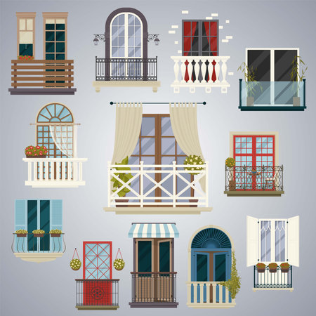 Balcony set with different types of windows. Vector illustration.のイラスト素材