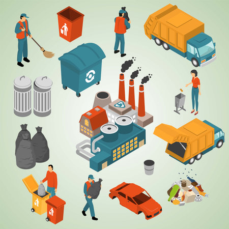Garbage sorting and recycling isometric icons set with garbage and waste vector illustrationのイラスト素材