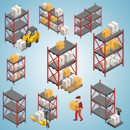 Warehouse isometric icons set with boxes on racks isolated vector illustrationのイラスト素材