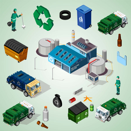 Garbage recycling isometric icons set with garbage truck isolated vector illustrationのイラスト素材