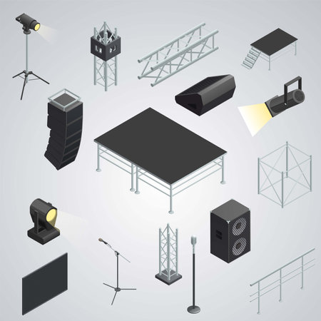 Set of isometric 3d stage lighting equipment. Vector illustration.のイラスト素材