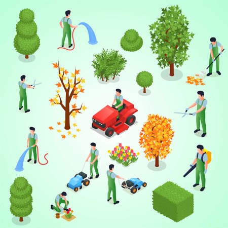 Gardening isometric icons set with gardener man and woman working in garden vector illustrationのイラスト素材
