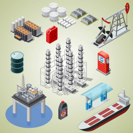 Oil industry isometric icons set with tankers and tanks vector illustrationのイラスト素材