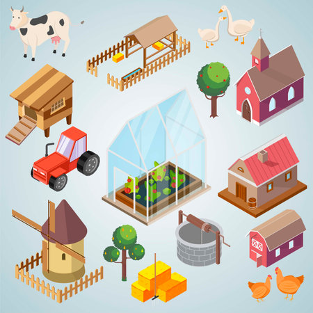 Farm isometric icons set with barn and farm animals isolated vector illustrationのイラスト素材