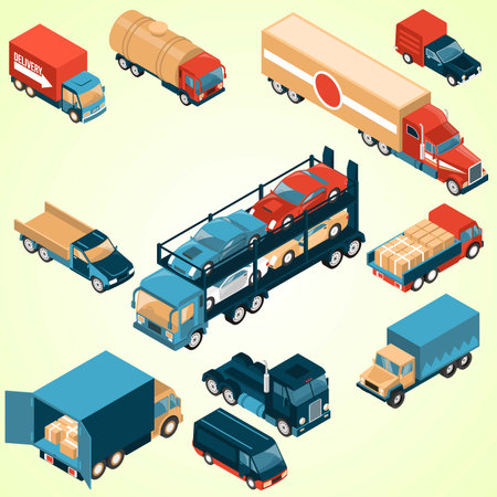 Isometric truck icons set with different types of trucks isolated vector illustrationのイラスト素材