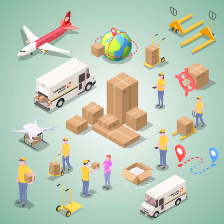 Logistics and transportation isometric icons set with delivery man and truck and cardboard boxes vector illustrationのイラスト素材