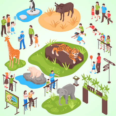 Zoo isometric icons set with people and animals isolated vector illustrationのイラスト素材