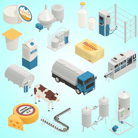 Milk production process isometric icons set with dairy products isolated vector illustrationのイラスト素材