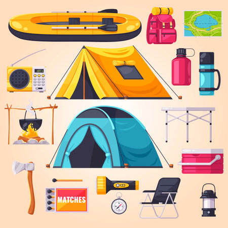 Set of camping equipment and equipment. Vector illustration in flat style.のイラスト素材