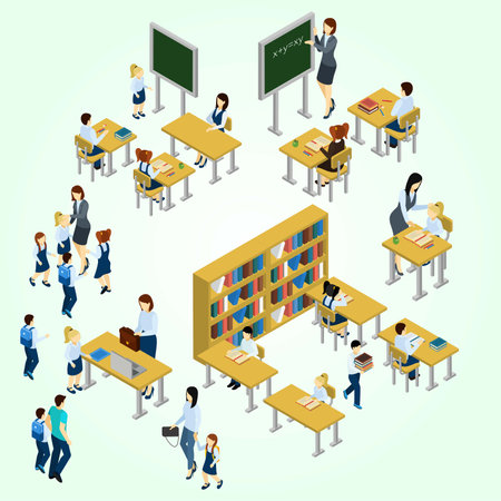 Isometric vector illustration of a group of students in a school classroom.のイラスト素材