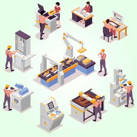 Isometric 3d vector illustration of printing industry. Printing production process.のイラスト素材