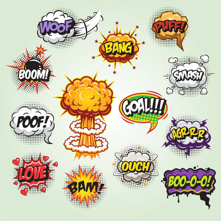 Comic book explosion set with speech bubbles and explosions. Vector illustrationのイラスト素材