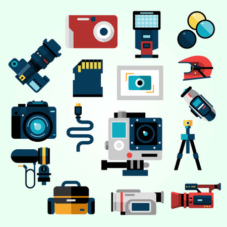 Photographer equipment icons set. Flat illustration of 16 photographer equipment icons for webのイラスト素材