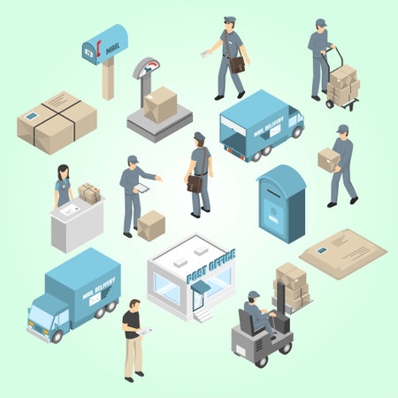 Postal service isometric icons set with postman and courier isolated vector illustrationのイラスト素材