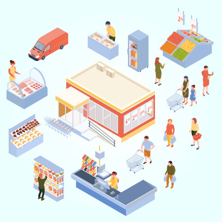 Supermarket isometric icons set with people and products isolated vector illustrationのイラスト素材