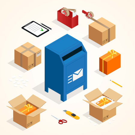 Postal service isometric icons set with cardboard boxes and mailboxes vector illustrationのイラスト素材