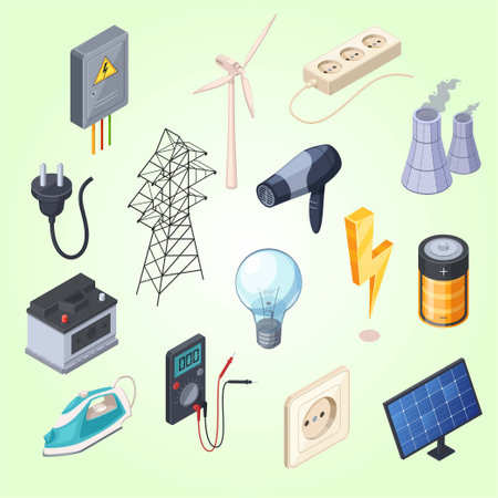 Electrical power icons set. Isometric set of electrical power vector icons for web designのイラスト素材