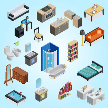 Furniture isometric icons set with furniture and interior elements isolated vector illustrationのイラスト素材